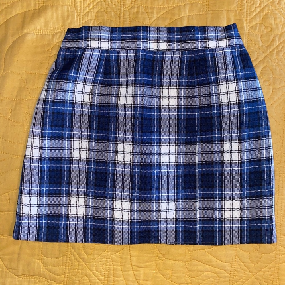 School girl- shades of blue plaid pleated skirt.